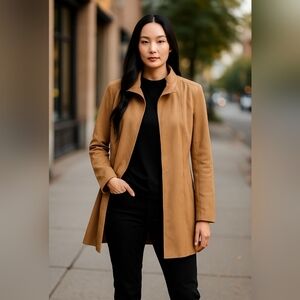 Bellina XS Faux Suede Tan Open Front Long Jacket NWOT